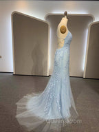 Backless Light Blue Lace Evening Prom Dress, Open Back Light Blue Lace Evening Dress