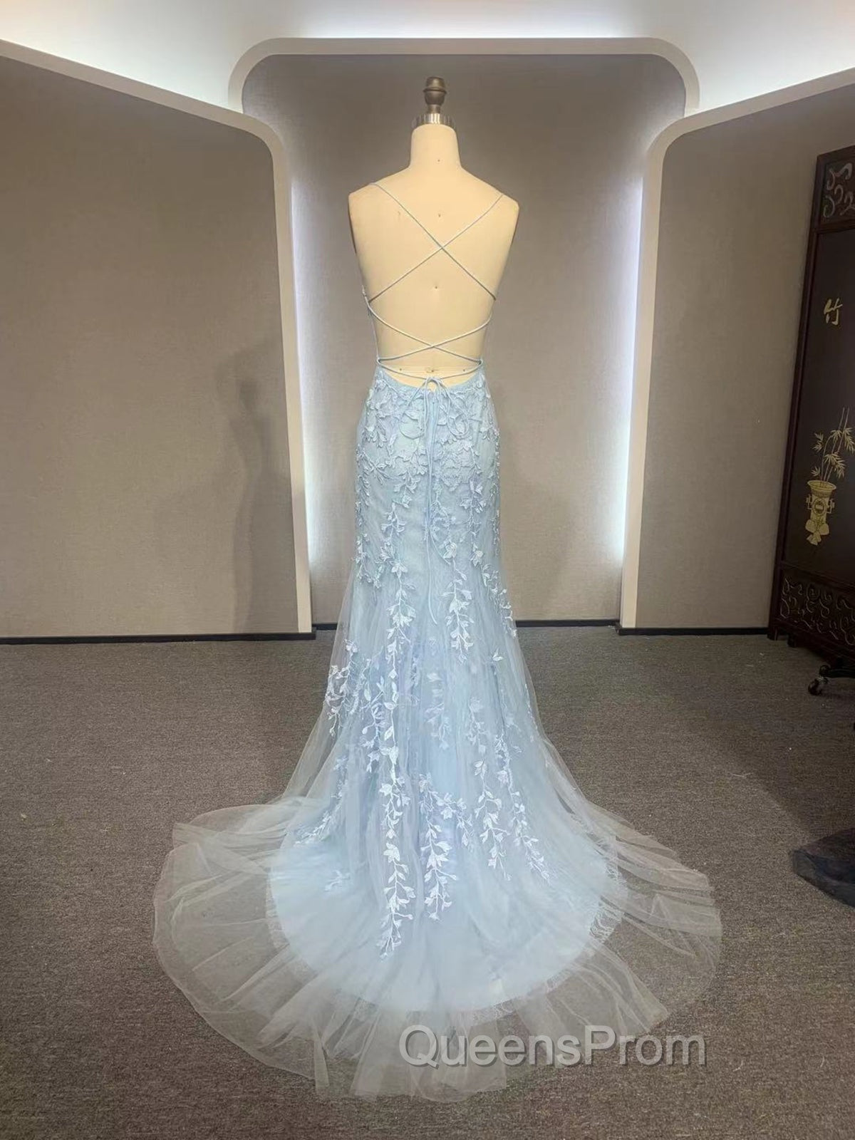 Backless Light Blue Lace Evening Prom Dress, Open Back Light Blue Lace Evening Dress