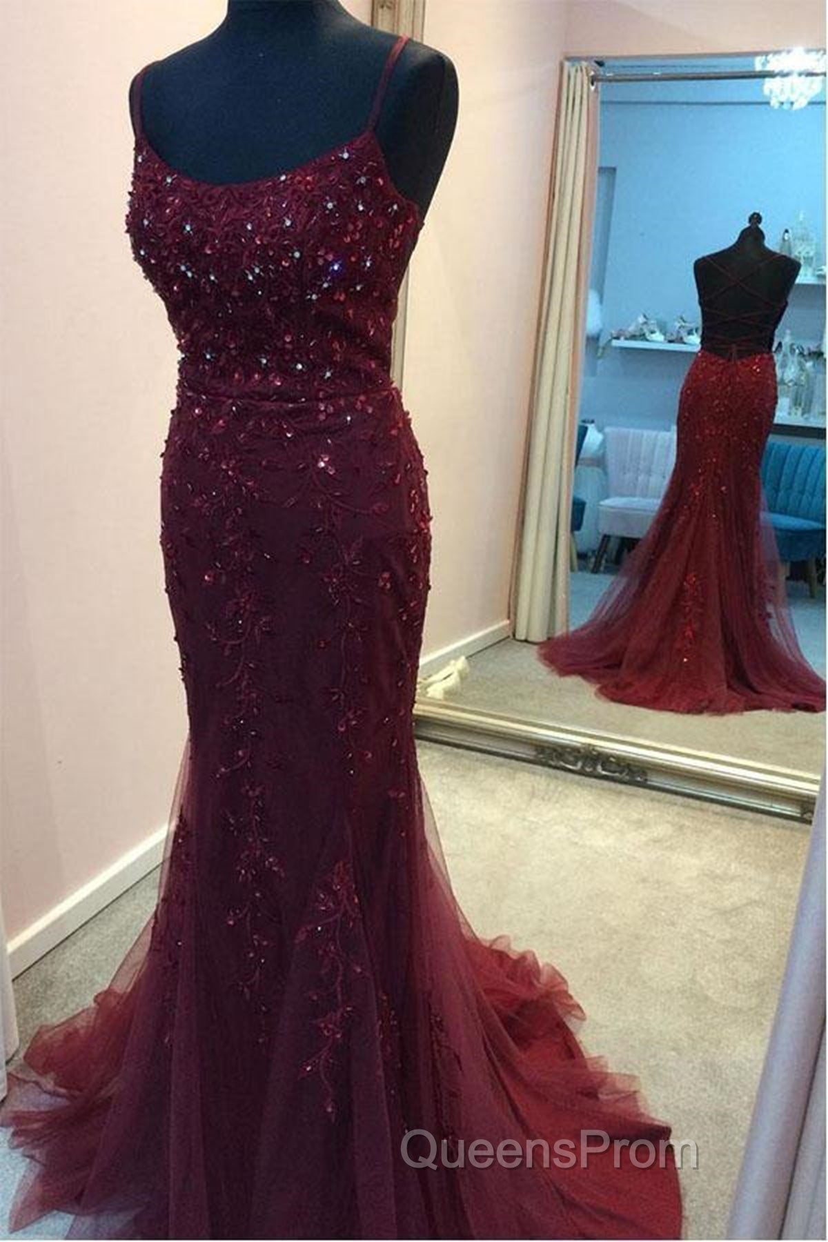 Backless Mermaid Beaded Maroon Lace Long Evening Prom Dress, Backless Burgundy Lace Formal Dress, Burgundy Tulle Evening Dress Secondary image