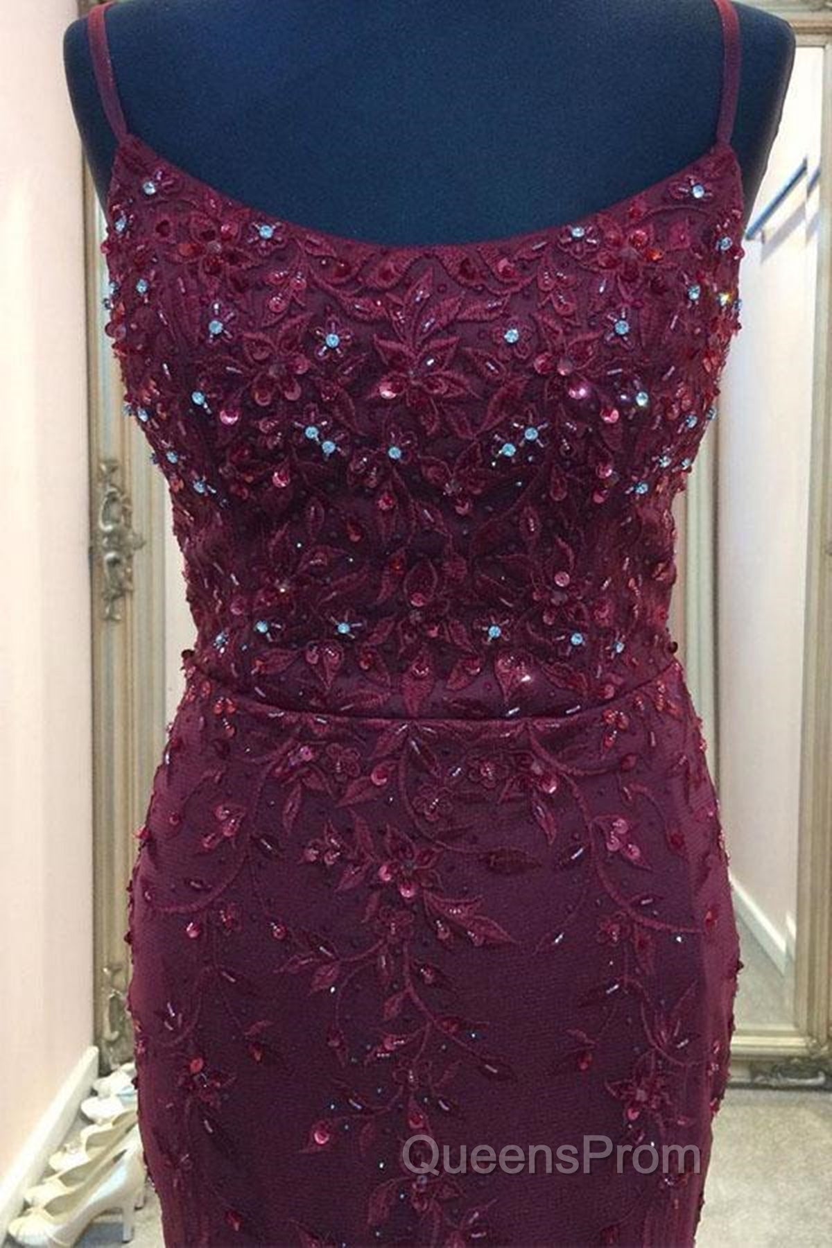 Backless Mermaid Beaded Maroon Lace Long Evening Prom Dress, Backless Burgundy Lace Formal Dress, Burgundy Tulle Evening Dress