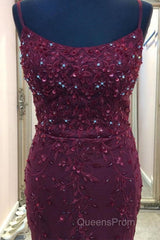 Backless Mermaid Beaded Maroon Lace Long Evening Prom Dress, Backless Burgundy Lace Formal Dress, Burgundy Tulle Evening Dress