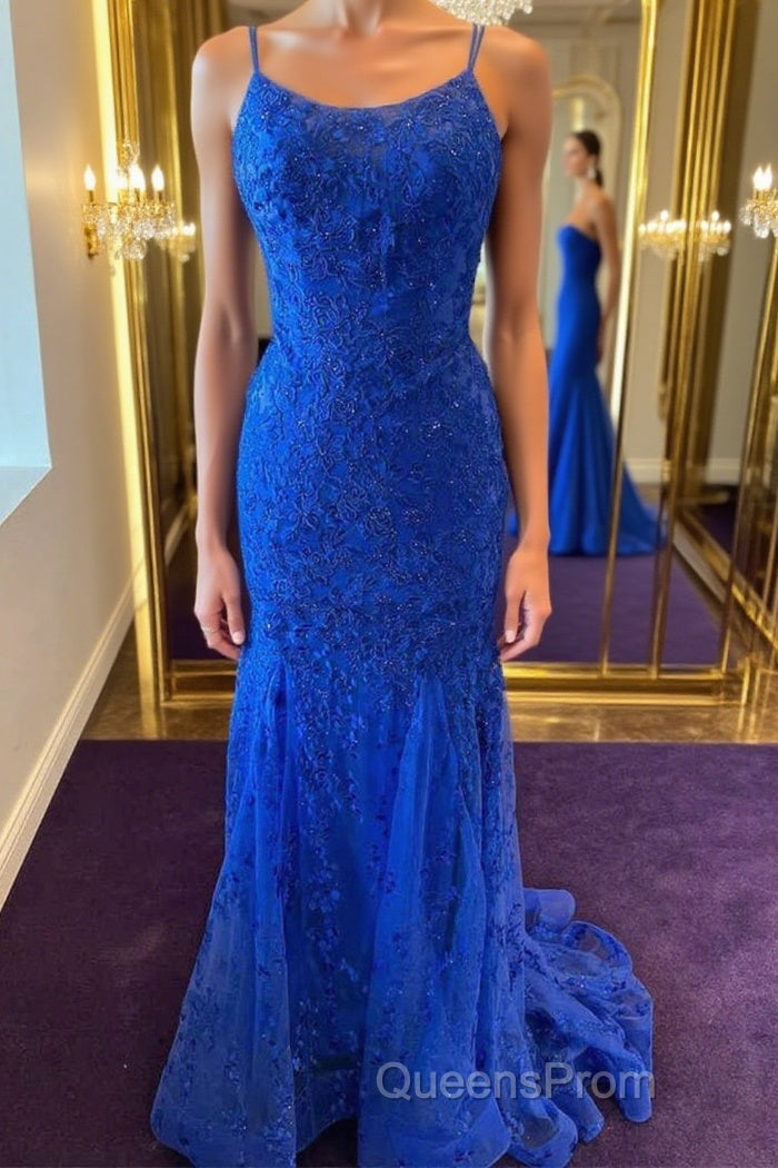 Backless Mermaid Blue Lace Tulle Long Evening Prom Dress, Mermaid Blue Formal Dress, Blue Lace Evening Dress Main image
