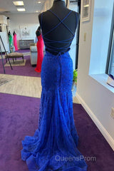 Backless Mermaid Blue Lace Tulle Long Evening Prom Dress, Mermaid Blue Formal Dress, Blue Lace Evening Dress