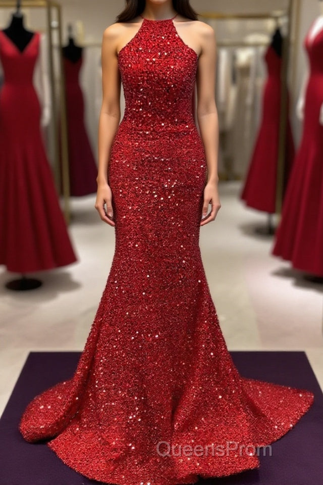 Backless Mermaid Burgundy Sequins Long Evening Prom Dress, Mermaid Burgundy Formal Dress, Burgundy Evening Dress