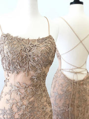 Backless Mermaid Champagne Lace Evening Prom Dress, Champagne Backless Mermaid Lace Evening Dress