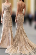 Backless Mermaid Champagne Lace Evening Prom Dress, Champagne Backless Mermaid Lace Evening Dress