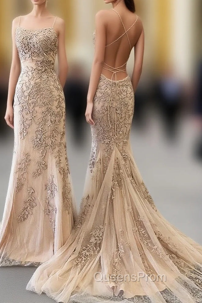 Backless Mermaid Champagne Lace Evening Prom Dress, Champagne Backless Mermaid Lace Evening Dress