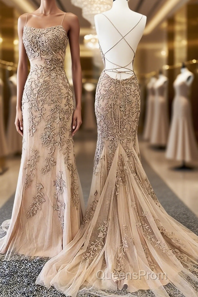 Backless Mermaid Champagne Lace Evening Prom Dress, Champagne Backless Mermaid Lace Formal Evening Dress Main image
