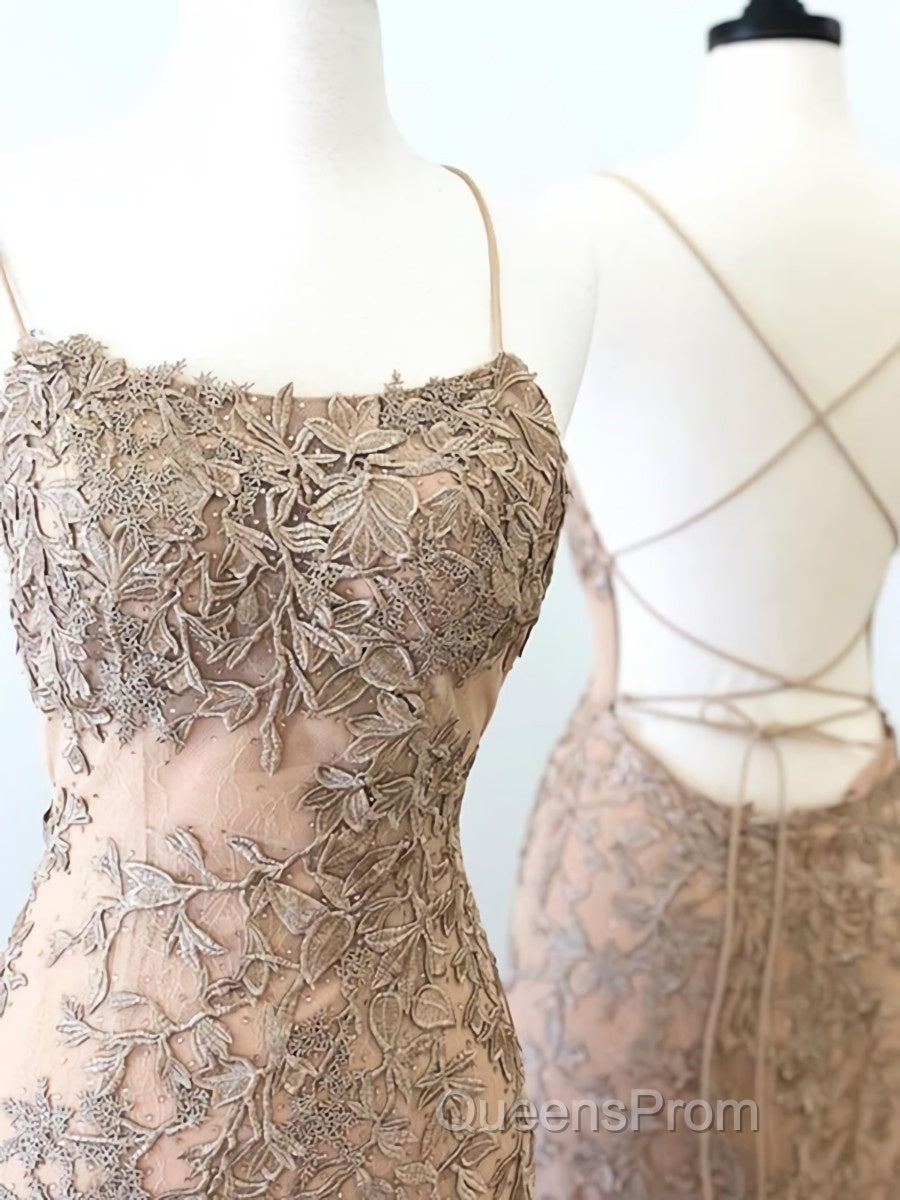 Backless Mermaid Champagne Lace Evening Prom Dress, Champagne Backless Mermaid Lace Formal Evening Dress