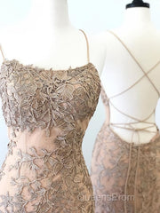 Backless Mermaid Champagne Lace Evening Prom Dress, Champagne Backless Mermaid Lace Formal Evening Dress