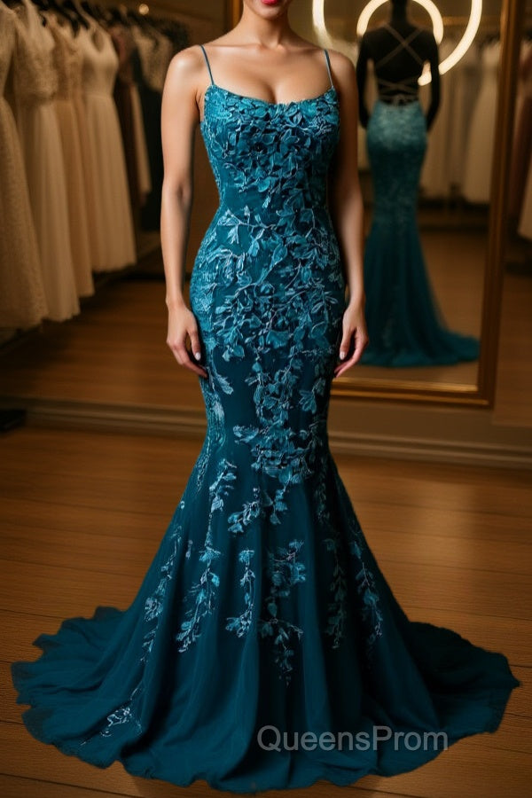 Backless Mermaid Dark Teal Lace Long Evening Prom Dress, Mermaid Teal Lace Long Formal Evening Dress Main image