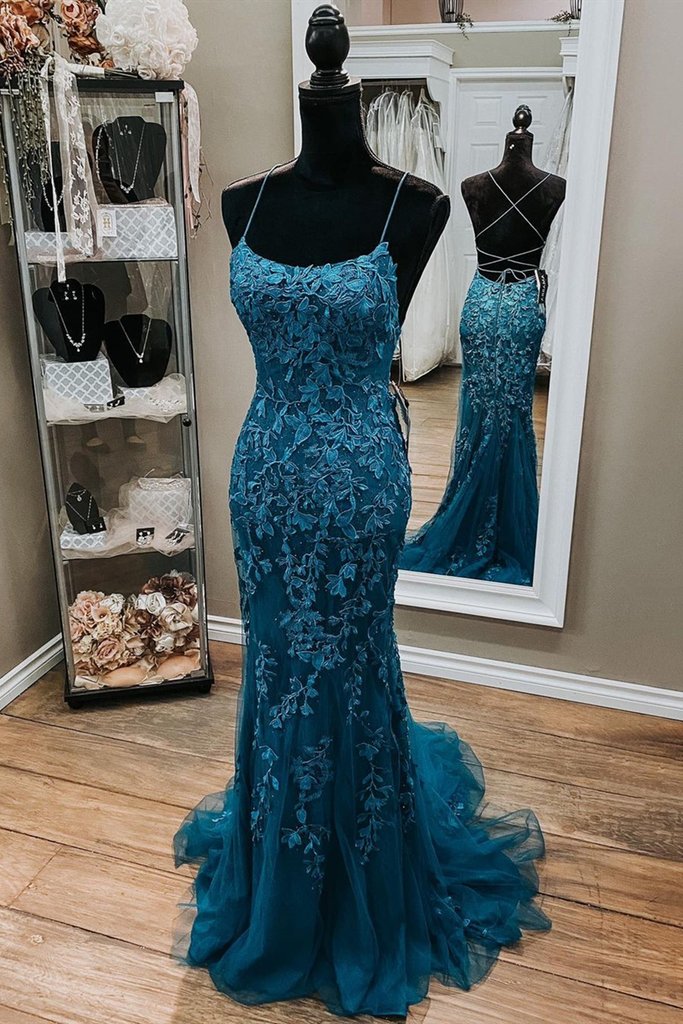 Backless Mermaid Dark Teal Lace Long Classy Prom Dress, Mermaid Teal Lace Long Classy Evening Dress