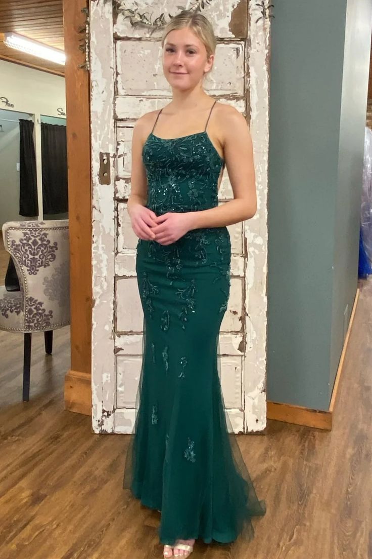 Backless Mermaid Green Lace Long Classy Prom Dress Green Lace Classy Dress