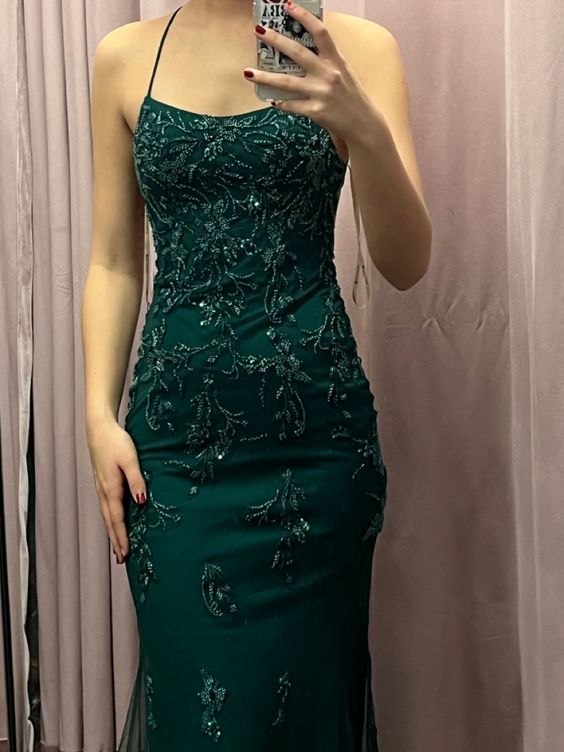 Backless Mermaid Green Lace Long Classy Prom Dress Green Lace Classy Dress Main image
