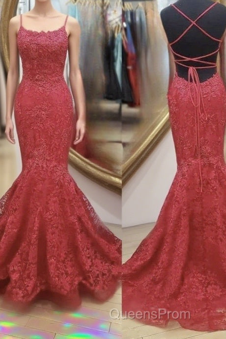 Backless Mermaid Red Lace Long Evening Prom Dress, Mermaid Red Lace Formal Dress, Red Lace Evening Dress Main image