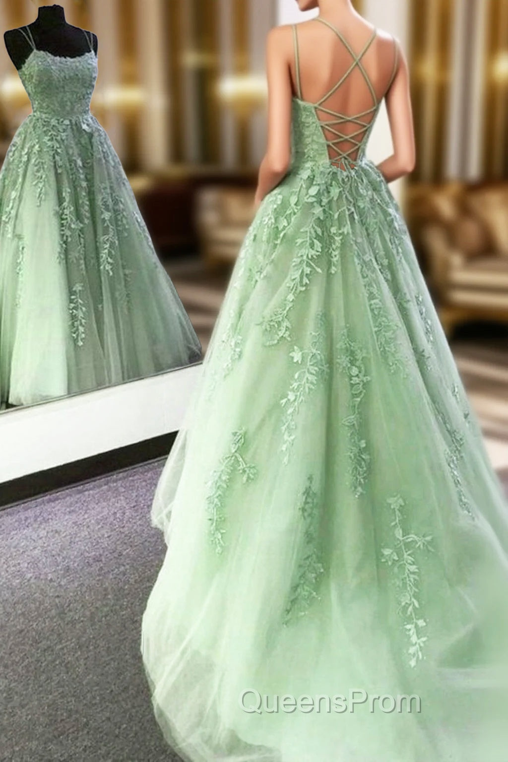 Backless Mint Green Lace Evening Prom Dress, Mint Green Open Back Lace Evening Dress Main image