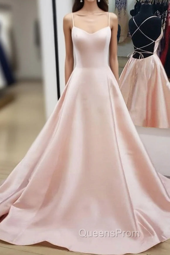 Backless Pink Satin Long Evening Prom Dress, Open Back Pink Satin Evening Graduation Dress Main image