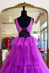 Backless Purple High Low Evening Prom Dress, Open Back Purple High Low Formal Evening Dress