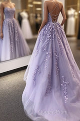 Backless Purple Lace Evening Prom Dress with Train, Open Back Long Purple Lace Formal Evening Dress