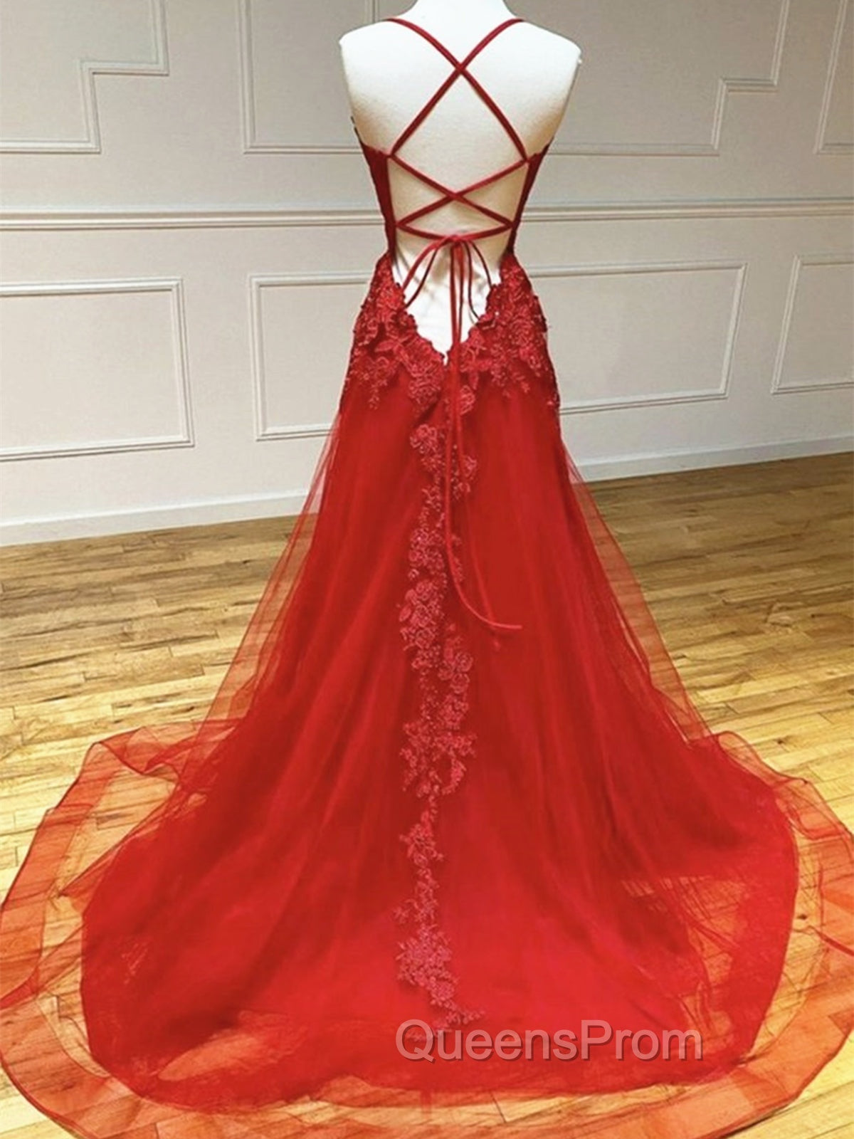 Backless Red Lace Evening Prom Dress, Open Back Red Lace Evening Dress Secondary image