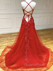 Backless Red Lace Evening Prom Dress, Open Back Red Lace Evening Dress
