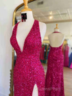 Backless Royal Blue Sequin Evening Prom Gown with Slit,Formal Dress with Sequins
