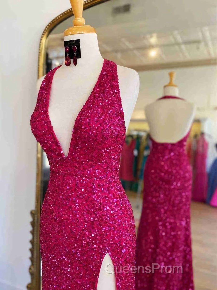 Backless Royal Blue Sequin Evening Prom Gown with Slit,Formal Dress with Sequins