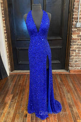 Backless Royal Blue Sequin Evening Prom Gown with Slit,Formal Dress with Sequins