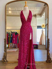 Backless Royal Blue Sequin Evening Prom Gown with Slit,Formal Dress with Sequins