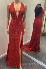 Backless Royal Blue Sequin Evening Prom Gown with Slit,Formal Dress with Sequins