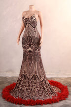 Backless Sequins Mermaid Evening Prom Dress Burgundy Party Evening Dress with Feather Chapel Train