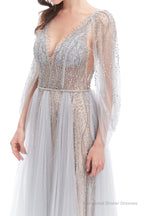 Backless V-neck Sequins Rhinestone Floor Length Prom Dresses