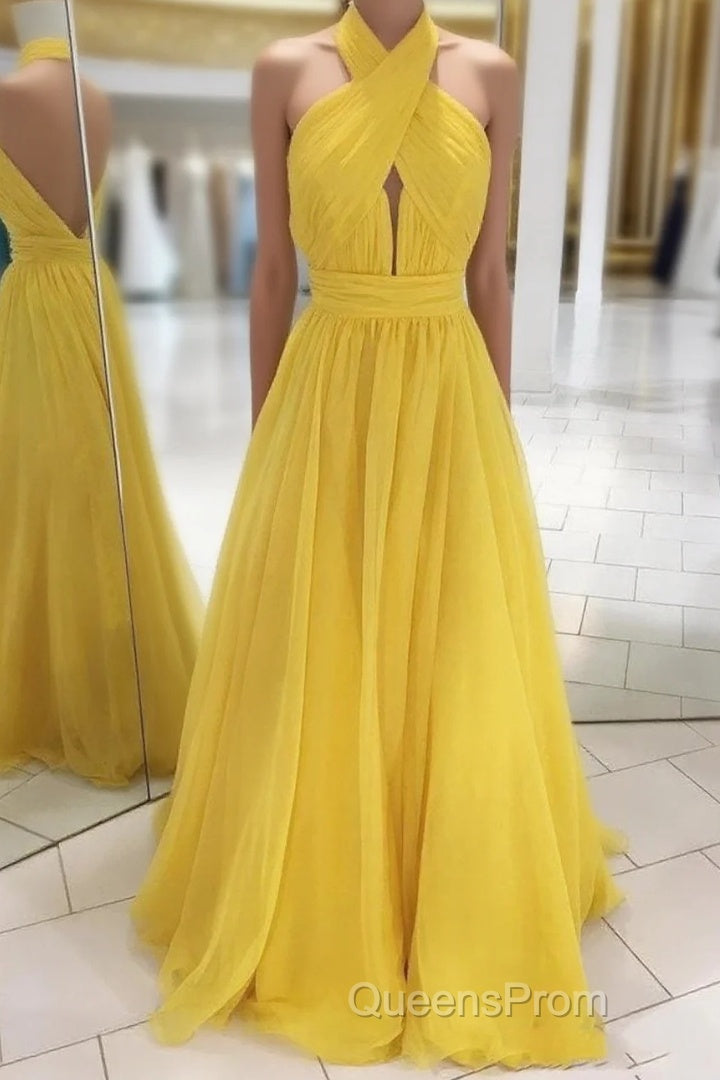Backless Yellow Chiffon Long Evening Prom Dress, Open Back Yellow Formal Bridesmaid Dress Main image