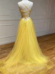 Backless Yellow Tulle Long Evening Dress, Open Back Yellow Tulle Long Evening Prom Dress