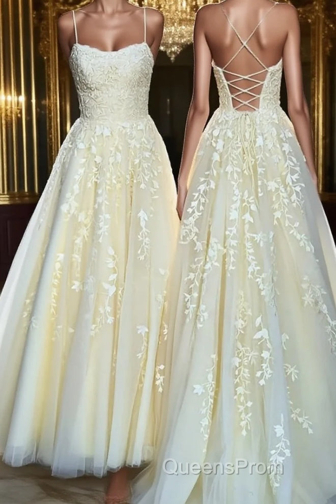 Backless Yellow Tulle Long Lace Evening Prom Dress, Open Back Yellow Lace Formal Evening Dress Main image