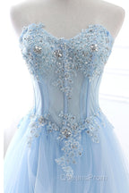 Light Blue Beaded Long Evening Prom Dress