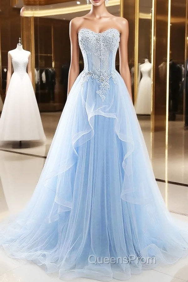 Light Blue Beaded Long Evening Prom Dress