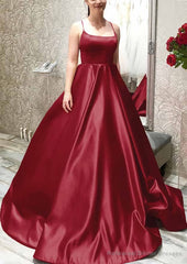 Ball Gown A-line Square Neckline Spaghetti Straps Sweep Train Satin Prom Dresses With Pleated Pockets