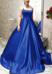 Ball Gown A-line Square Neckline Spaghetti Straps Sweep Train Satin Prom Dresses With Pleated Pockets