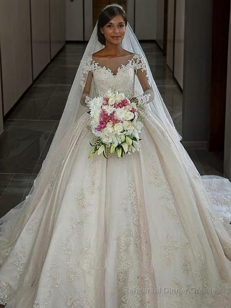 Ball Gown Bateau Sweep Train Satin Wedding Dresses With Appliques Lace Main image