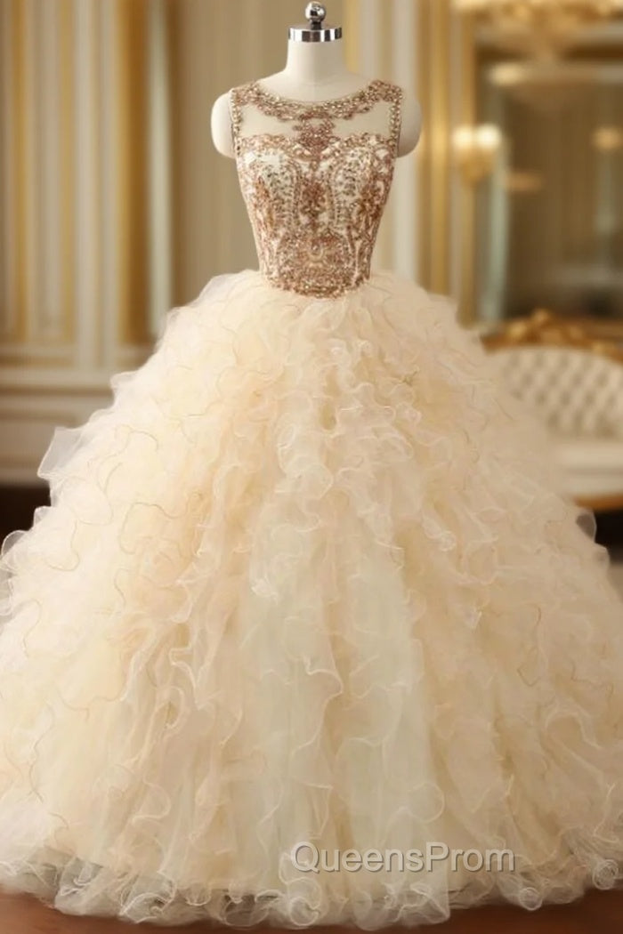 Ball Gown Beaded Long Sweet Years Party Gowns Ruffles Tulle Evening Prom Dress