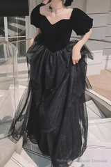 Ball Gown Black Prom Dress With Puffy Sleeves Long Prom Dresses