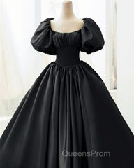 Ball Gown Black Satin Wedding Dress Puffy Sleeves