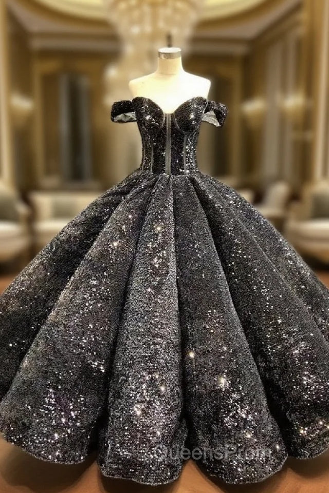 Ball Gown Black Sequins Off the Shoulder Appliques Evening Prom Dress Main image