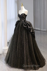 Ball Gown Black Sweetheart Neck Satin Tulle Long Evening Prom Dress