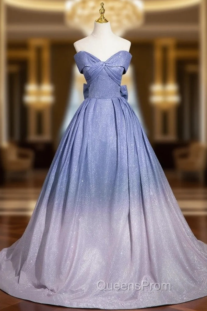 Ball Gown Blue Off the Shoulder Bow Evening Prom Dress Main image