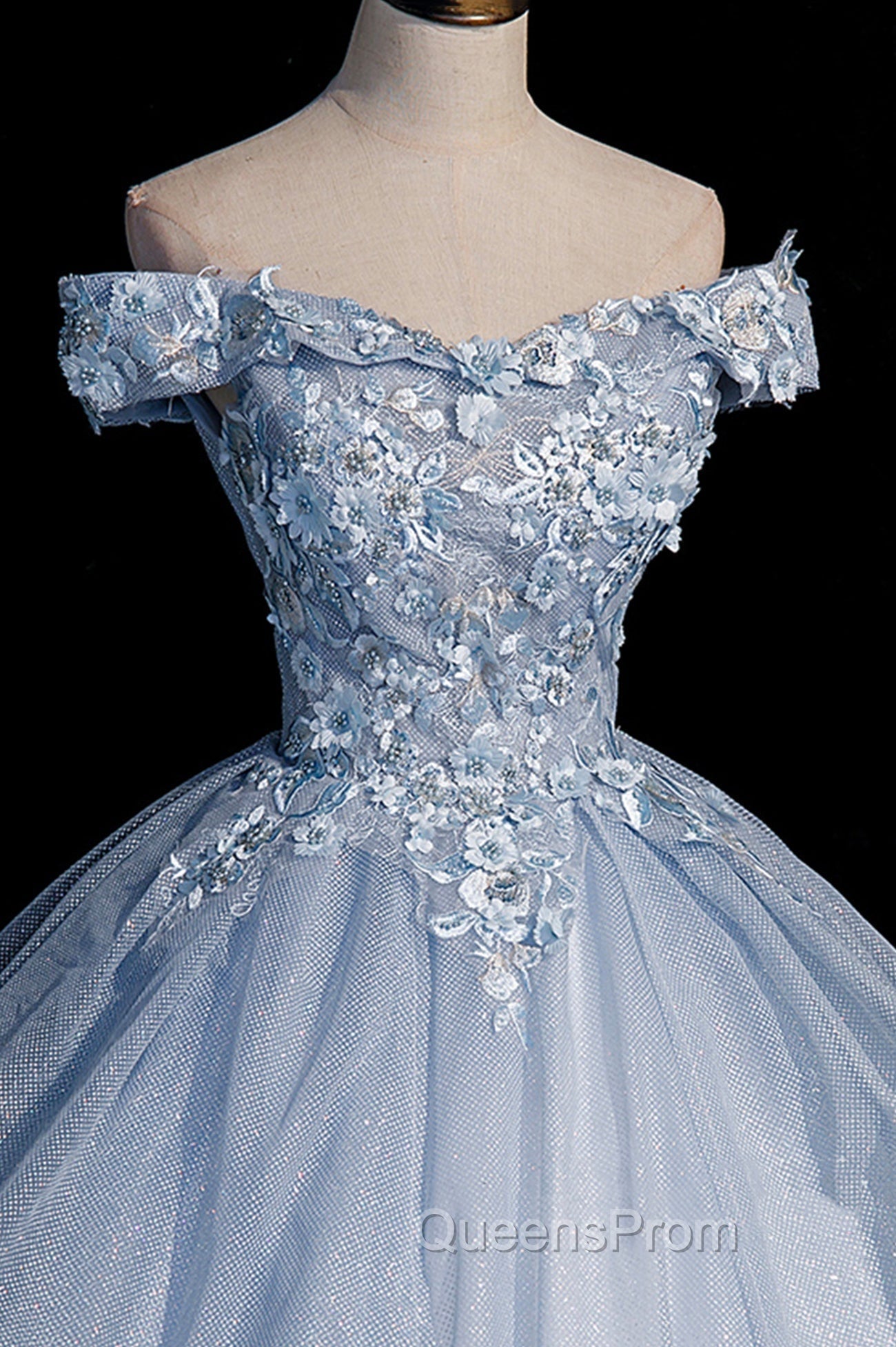 Ball Gown Blue Tulle Lace Long Party Dress, Off the Shoulder Evening Dress Secondary image