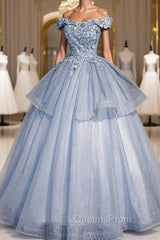 Ball Gown Blue Tulle Lace Long Party Dress, Off the Shoulder Evening Dress