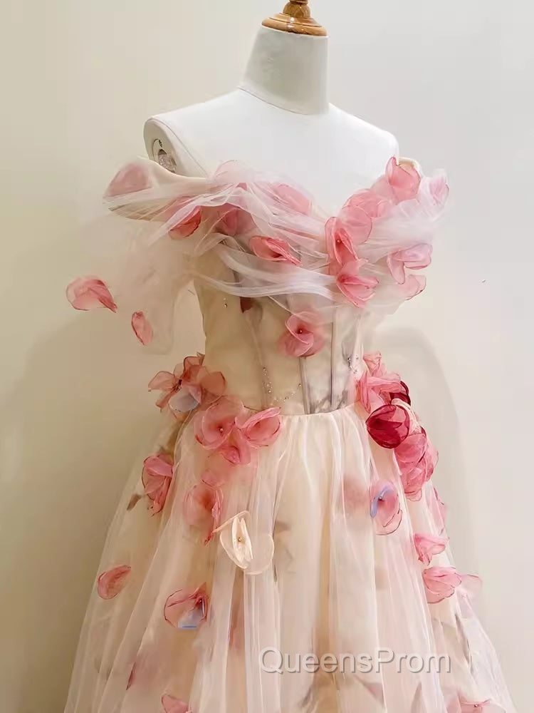Ball Gown Champagne Floral Evening Prom Dress Long Party Dress
