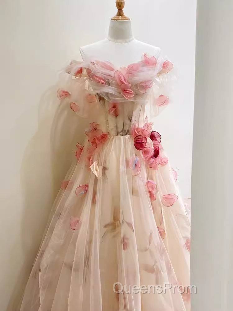 Ball Gown Champagne Floral Evening Prom Dress Long Party Dress